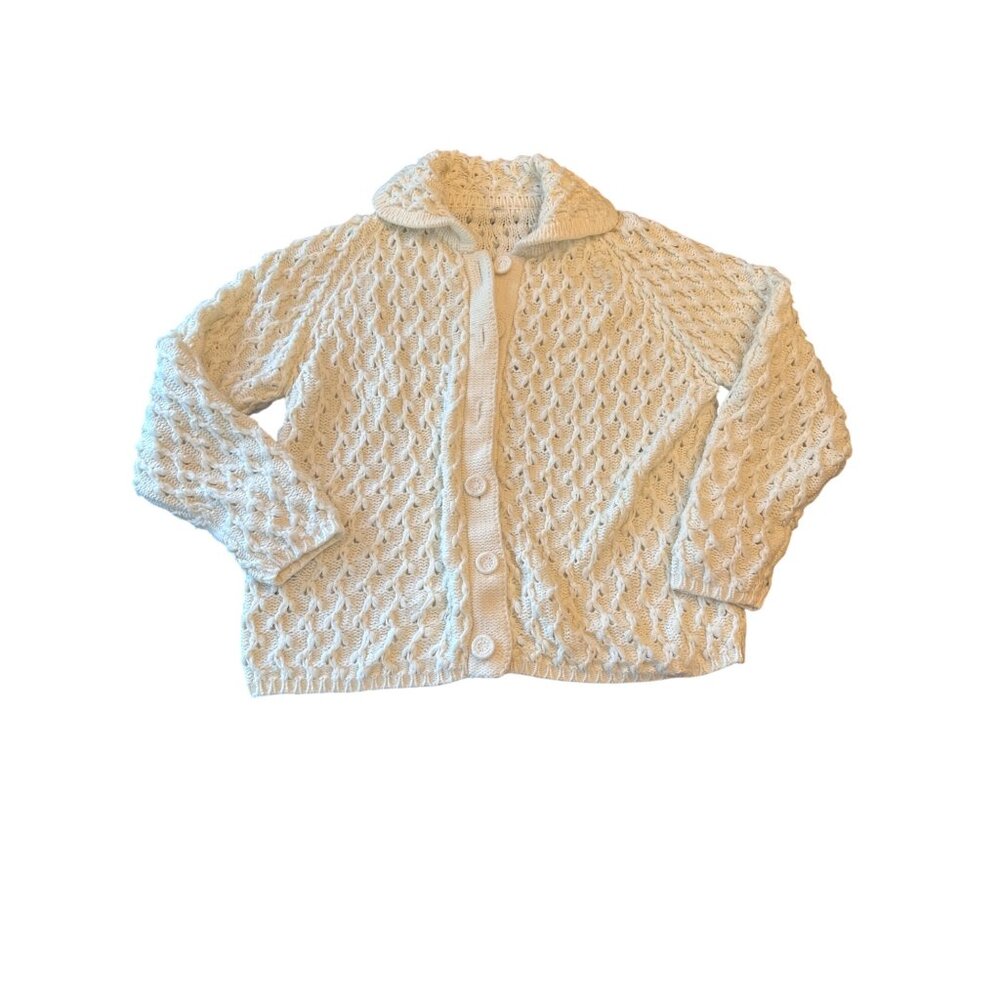 Vintage White Knit Cardigan Sweater With Button Front & Collared Neck Size 40